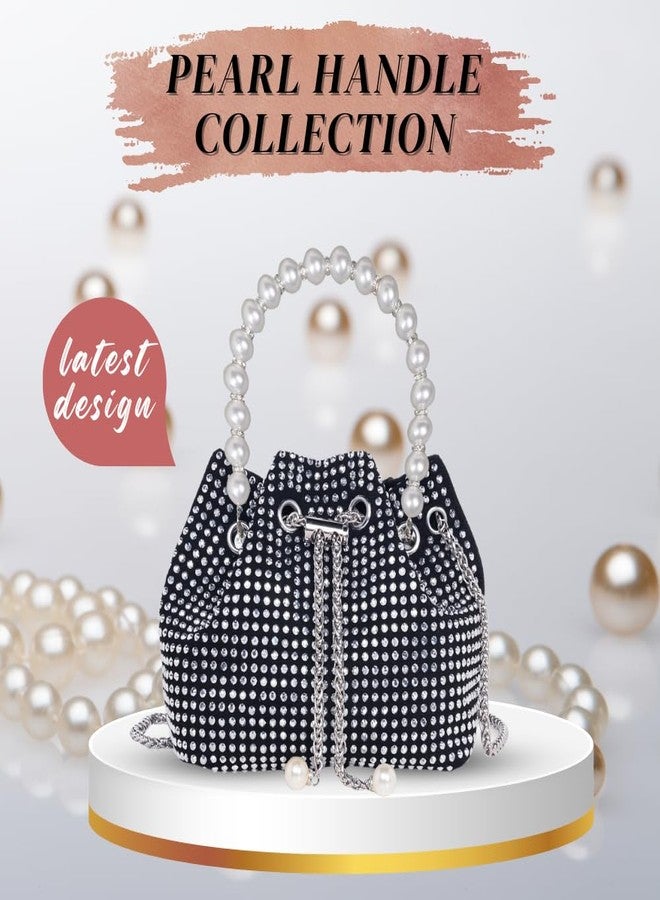 DOSYSO Diomond Bucket Bag Mini Evening Pearl Handle Handbags Clutch For Women Drawstring Crossbody Sling Bags with Chain Strap Stylish Potli Bags Ladies Purse for Party Wedding Bling Bags (Silver). - Image 2